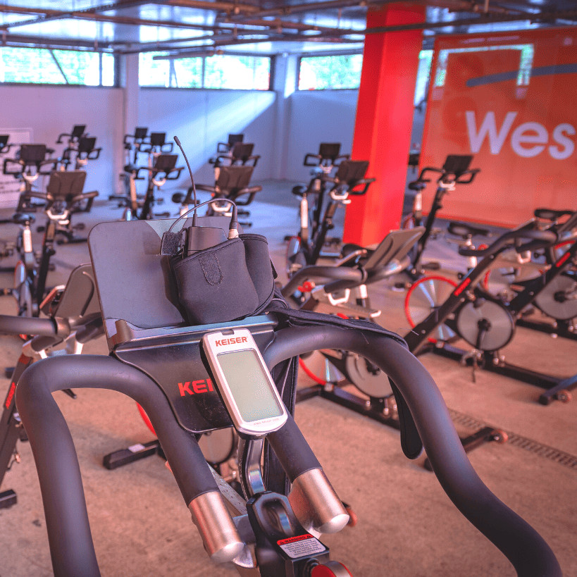 empty spin bikes in a gym