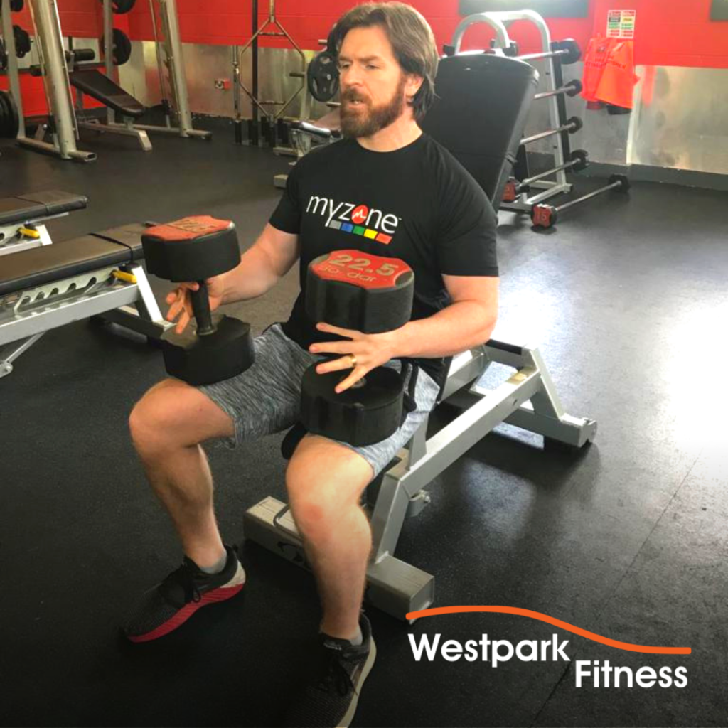 westpark fitness dumbbell shoulder press exercise male gym goer sitting on a bench holding a dumbbell on each of his legs