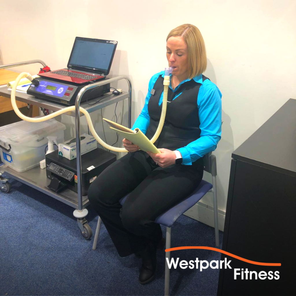 metabolic testing in dublin 24 at westpark fitness with health matters woman sitting on chair wearing a breathing mask with a long tube