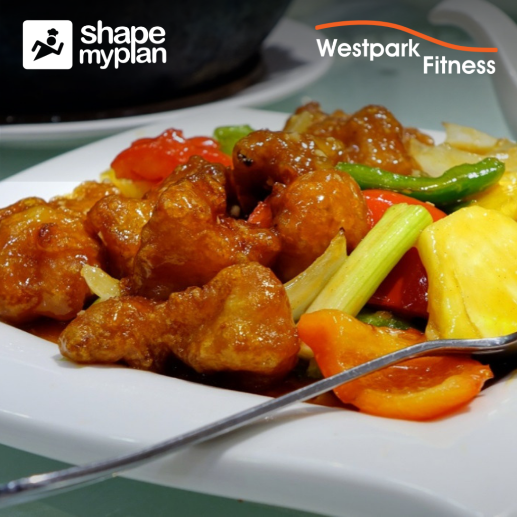 spicy chicken stir-fry recipe westpark fitness image of chicken and vegetables and rice on a white place with a silver spoon