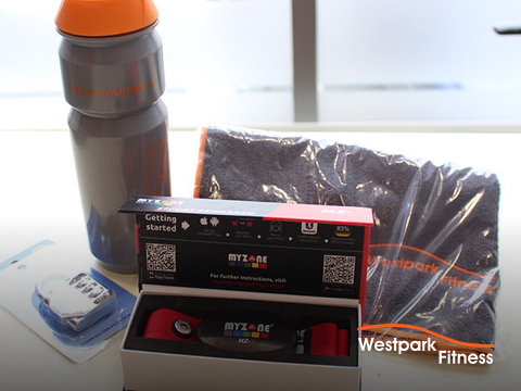beach body guide myzone fitness belt in box and westpark fitness towe and water bottle