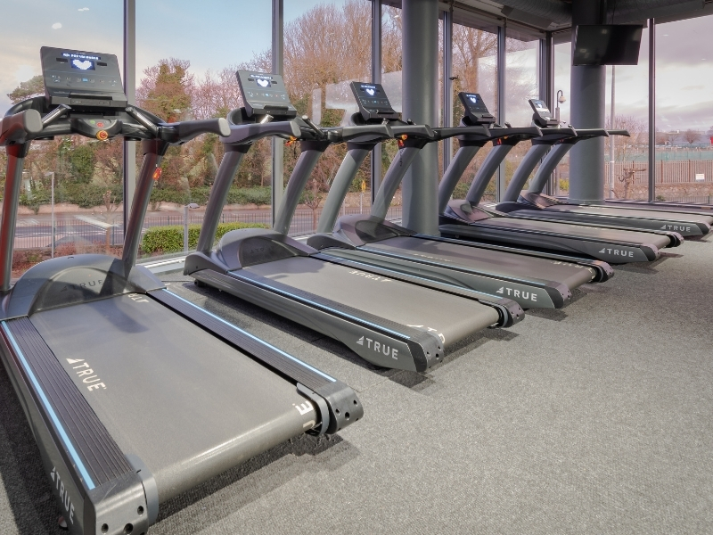 row of treadmills in a gym next to a big window